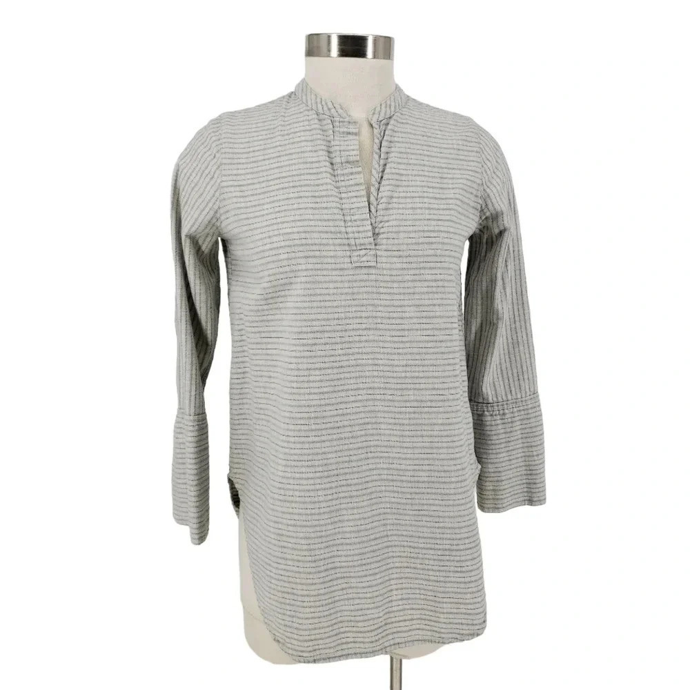 Madewell Tunic Top Gray Striped Split Cuff Long Sleeve Popover Shirt